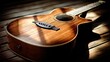 © Zhou - Acoustic guitar on wooden bench, detailed texture in warm light – timeless musical elegance