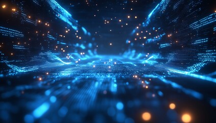 An abstract and futuristic digital tunnel or pathway with glowing lines and particles.



