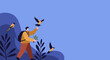 © House of Vector - A person hiking with a backpack, holding a plant, surrounded by flying birds and stylized nature, symbolizing environmental care, travel, and sustainable exploration.