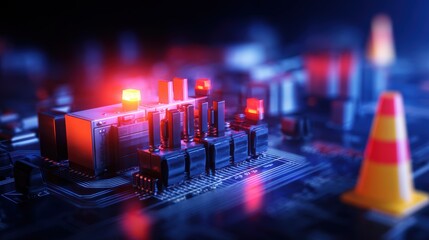 Close-up of illuminated circuit board with warning cones and glowing components in a tech environment