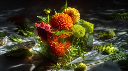 Fresh flowers inside transparent glass cube on natural background floral decoration concept