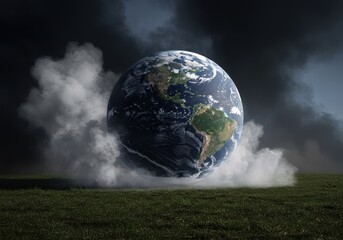planet earth emerging from clouds with a mystical glow in a dark celestial sky