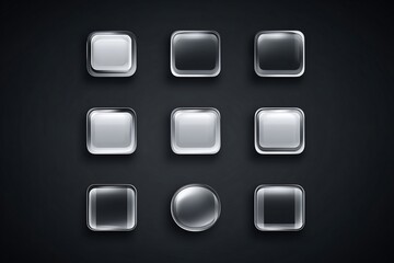 Glass square rectangular and round buttons on black background Vector icons set Gloss glass blank glass empty round glass shiny glass button rectangular trans