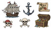 © Matheus - Illustration of a pirate ship anchor treasure map and skull icons set