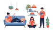© Rokaiya - Diverse group of people enjoying relaxing activities at home including reading knitting and meditating in a cozy living room setting