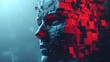 © edo - A digital silhouette of a human face, constructed from fragmented blocks with a cyberpunk aesthetic, embodies the fusion of humanity and technology