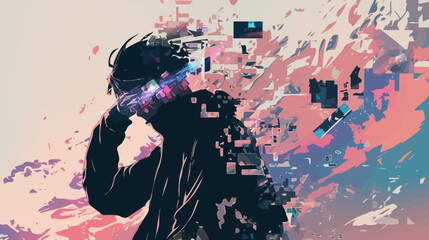 Conceptual digital art of a person in a virtual reality headset fragmenting into a futuristic cityscape