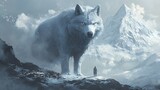 Majestic Encounter A Solitary Figure and a Giant Wolf Amidst a Snowy, Fantasy Landscape Under a Cloudy Sky