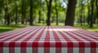 © Mono - Red and white checkered picnic blanket on a table in a park with blurred green trees in the background, ready for an outdoor meal.