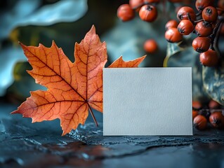 Wall Mural - a blank light grey greeting card is placed beside a vibrant orange maple leaf and a cluster of red b