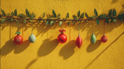 Wall Mural - christmas decorations hanging from a green garland on a bright yellow wall in daylight