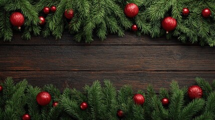 Wall Mural - a lush green pine garland and vibrant red ornaments create a festive border frame on a dark wood background leaving a central blank space  traditional  xmas