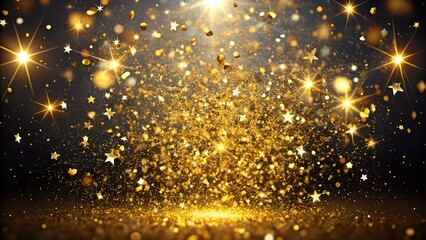 Golden star confetti exploding from below on black background