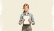 © Denis - Young employee smiling, holding a blank sheet of paper, copy space background