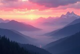 colorful dawn over misty mountain range vibrant skies ethereal landscapes, sunrise, sky, cloud, peaks, valley, wilderness, light, reflection, twilight