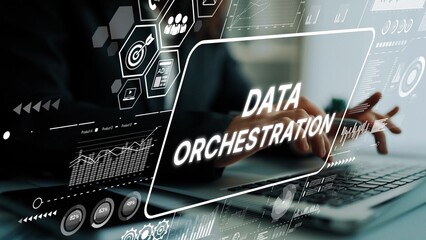 Dynamic Data Orchestration Concept with Hands on Keyboard and Graphical Interface Elements. Asymptotic smart data analytic.