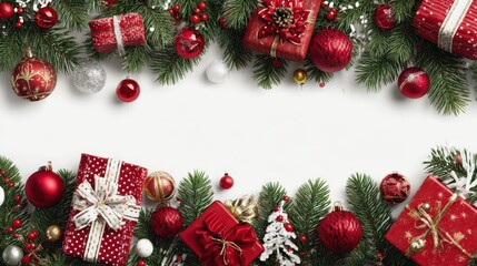 Wall Mural - christmasthemed border with gifts ornaments and pine branches on a white background
