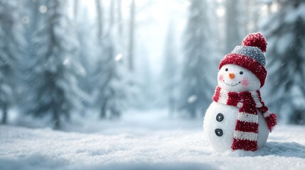 Wall Mural - festive holiday christmas scene featuring a snowman and a blurred snowy winter forest scenic background with copy space for writing some text
