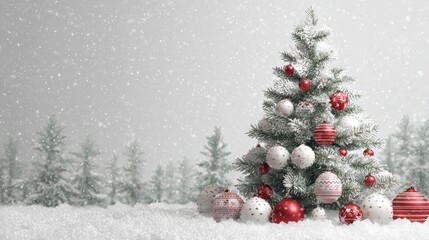 Wall Mural - snowy winter scene with a festive christmas tree and ornaments against a soft white background  evergreen tree  festive atmosphere holiday decor