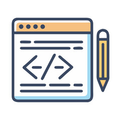 Illustration of code editor with code symbols and a pencil for software development and design work