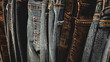 © Caroline - macro close-up of several pairs of jeans hanging on a rack with texture detail. abstract fashion background with copy space