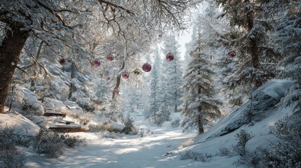 Wall Mural - enchanting winter forest scene with snow trees and christmas ornaments