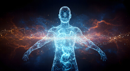 Glowing blue human silhouette radiating energy and light against a dark cosmic background