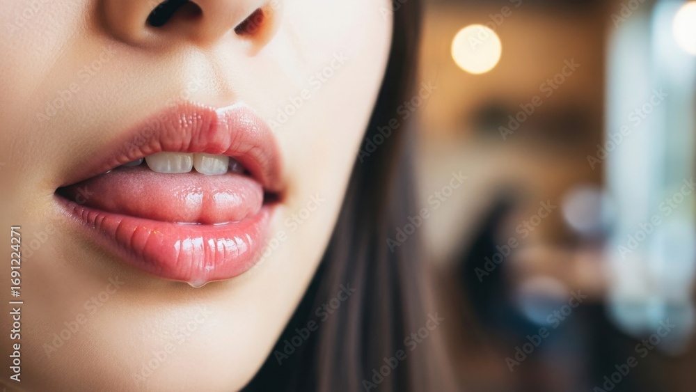 舌で唇を舐め唾液が糸を引くセクシーな口元のアップ Stock Photo | Adobe Stock
