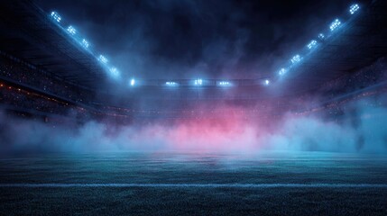 Wall Mural - stunning photo of textured soccer game field with neon fog - center, midfield. empty soccer stadium 