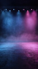 Wall Mural - stunning photo of dark stage shows, empty dark blue, purple, pink background, neon light, spotlights