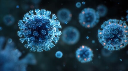 Wall Mural - stunning photo of microscopic enlargement of blue virus - respitory virus outbreak - floating cells 