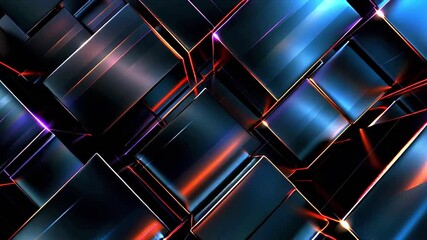 Metallic geometric cubes rotating, creating abstract futuristic pattern with vibrant orange purple reflections on dark surface