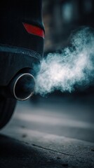 Wall Mural - stunning photo of closeup car exhaust pipe with visible co2 smoke billowing out. carbon emissions an