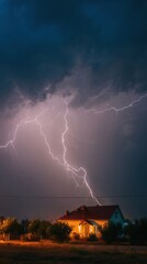 Wall Mural - stunning photo of dramatic night scene lightning strikes over suburban house. thunderstorm clouds co
