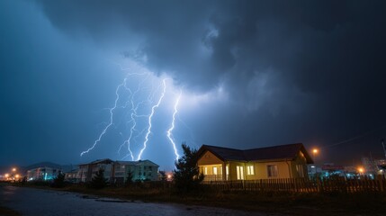 Wall Mural - stunning photo of dramatic night scene lightning strikes over suburban house. thunderstorm clouds co