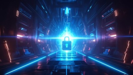 Cybersecurity Vault: 3D Animation of Padlock Protecting Data in a Futuristic Tunnel
