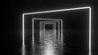 © MIKHAIL - Glowing white neon square gates are creating a futuristic corridor over a dark reflective surface, giving a sense of mystery and perspective