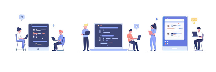 People collaborating on software development and coding with laptops and large mobile device screens in flat minimalist style vector illustration