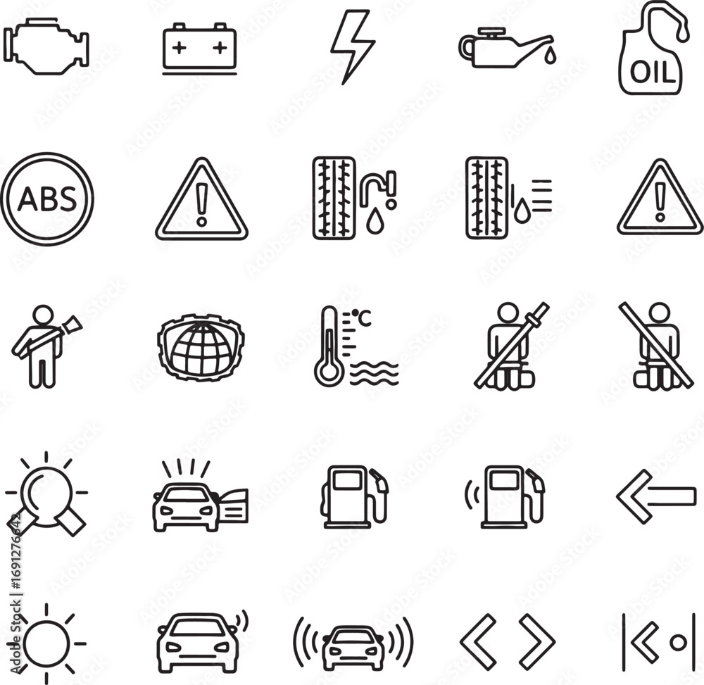 Linear Car Dashboard Warning and Indicator Icons Set – Vehicle Symbols ...