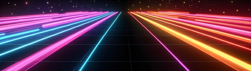 A vibrant array of neon lines converge on a dark, gridded surface, creating a dynamic and futuristic scene.