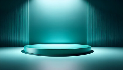 Wall Mural - a teal podium is softly lit in a dimly lit space creating a focused atmosphere suitable for a presen