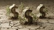 © H Creatives - Growing money concept dollar signs in cracked earth financial growth and investment opportunities success