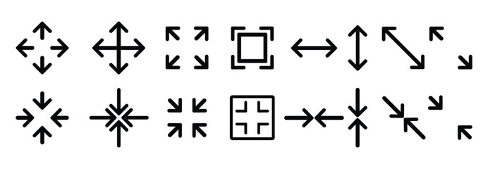 Large big screen display icon set. Compact, scalability, arrow mark, full screen, display screen size inch, Minimize and maximize, small and big display lcd line icons vector isolated illustration.