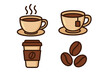 © Sonia - Coffee and tea vector icon set. Steaming coffee cup, teacup with bag, takeaway paper cup and roasted coffee beans. For cafe menu, website, app, infographic, logo design.
