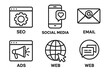 © Shania - Digital marketing outline icon set. SEO, social media, email, ads, and web icons collection. Business strategy, online promotion, and communication symbols for technology.
