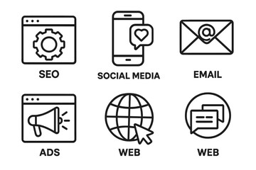digital marketing outline icon set. seo, social media, email, ads, and web icons collection. busines