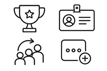 User interface line icon set for rewards program and customer loyalty. Vector icons for membership ID, referral marketing, user achievement trophy, and adding new content.