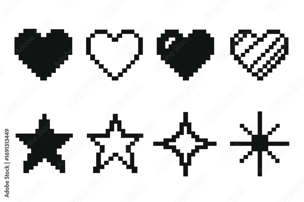 Pixel art heart and star icon set. 8-bit retro video game assets. Black ...