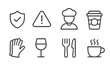 © Hadyn - Food safety and coffee shop icon set. Minimalist outline icons for restaurant hygiene rules. Vector collection of chef, cutlery, gloves, warning, and drink symbols.