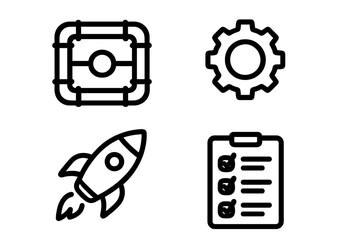Minimalistic DevOps icons pipeline gear rocket checklist symbols for effective project management technology concepts vector set transparent background